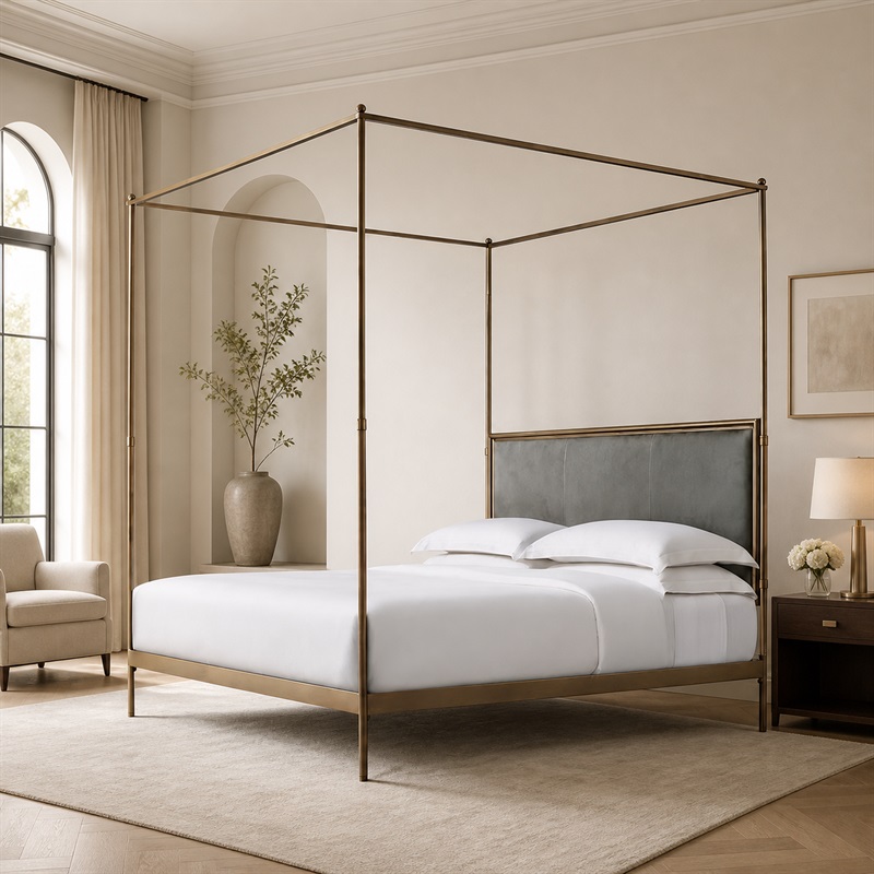 Canopy Bed Frame Metal Queen - โครงเตียงโลหะสไตล์ฝรั่งเศสแบบโมเดิร์น ขนาดควีนไซส์ พร้อมหลังคาเหล็กสแตนเลสและแผงผ้า สำหรับใช้ในโรงแรม/โรงเรียน