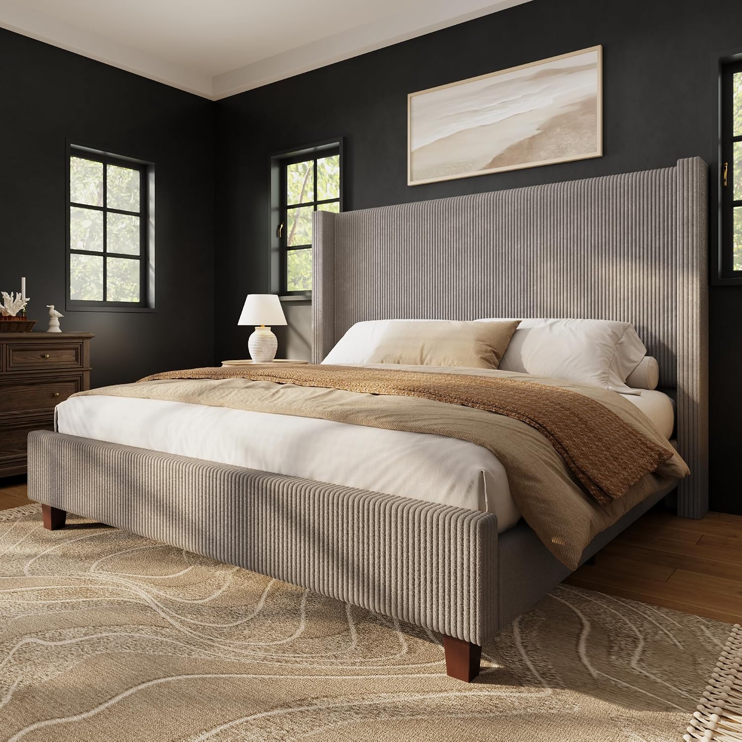 Canopy Bed Frame Metal Queen - โครงเตียงขนาดควีนไซส์พร้อมหัวเตียงแบบวิงแบ็คผ้าคอร์ดูรอยสูง 50.8 นิ้ว สีเทาอมน้ำตาล | เตียงแพลตฟอร์มหุ้มเบาะสไตล์โมเดิร์น