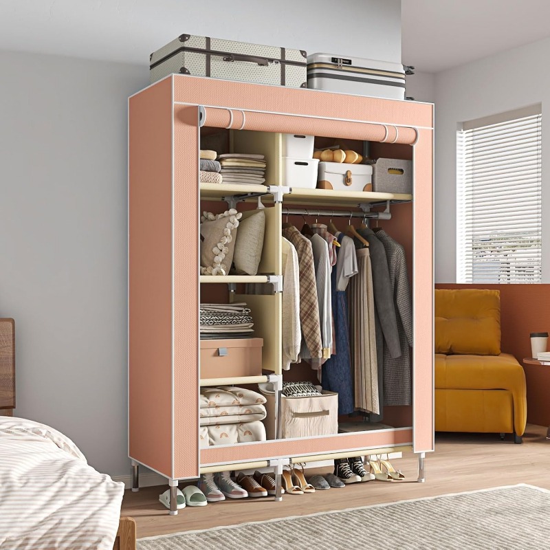 Wardrobe Closet Portable Fabric Cover - ตู้เสื้อผ้าแบบพกพา, ตู้เสื้อผ้าแบบแขวนอิสระ, โครงโลหะพร้อมผ้าคลุมหลากสี, ช่องเก็บของ 5 ช่อง