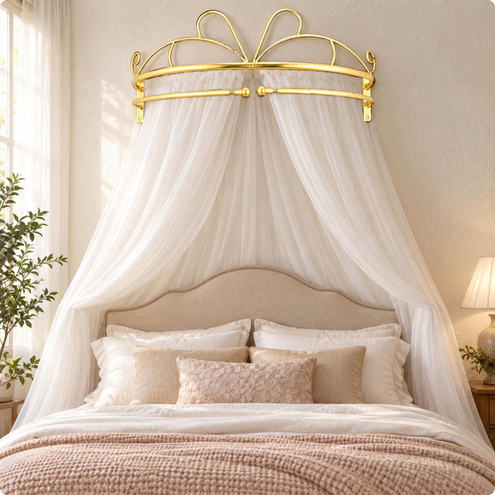Canopy Bed Frame Metal Queen - โครงม่านเตียงแบบติดผนัง ทำจากโลหะสีทอง สำหรับเตียงขนาดควีน คิง และฟูล ใช้ตกแต่งห้องนอน