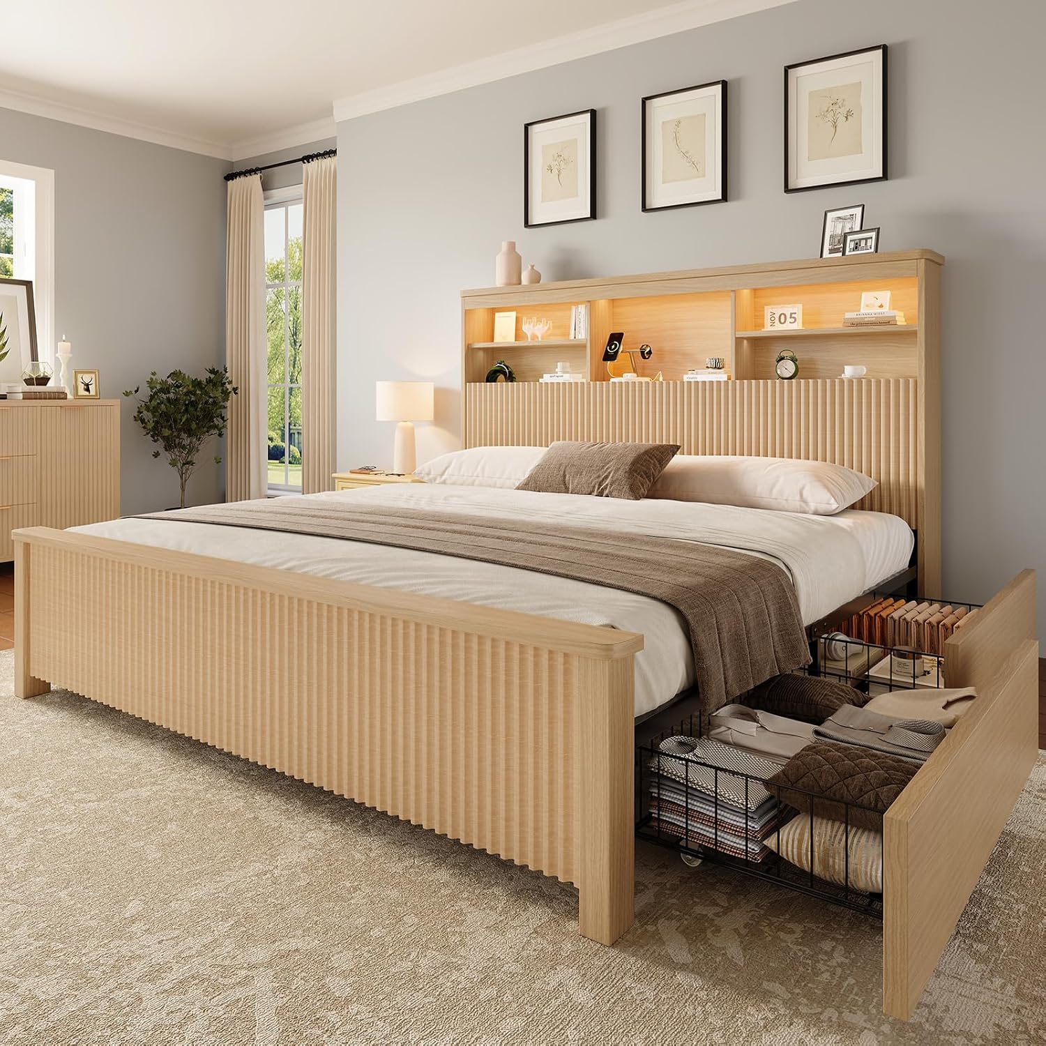Canopy Bed Frame Metal Queen - โครงเตียงขนาดควีนไซส์พร้อมลิ้นชักเก็บของ 4 ช่อง สีธรรมชาติ | โครงเตียงโลหะพร้อมหัวเตียงสูง,