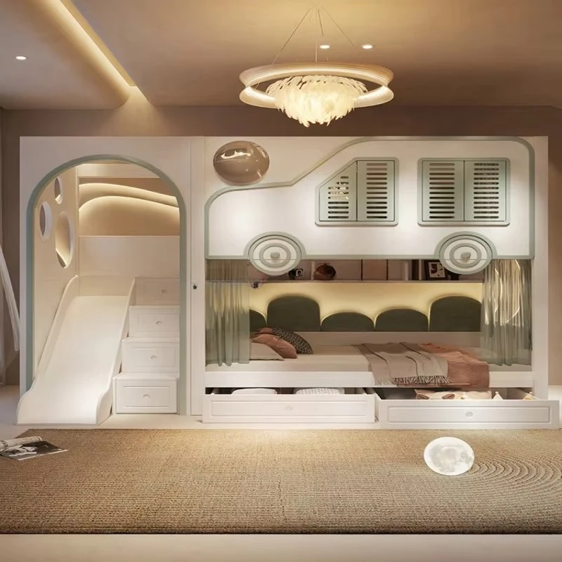Bunk Bed With Stairs And Slide - เตียงสองชั้นดีไซน์ใหม่สำหรับเด็ก หรูหรา เหมาะสำหรับห้องนอน เตียงเด็กแบบซ้อนได้ พร้อมสไลเดอร์โค้งและบันไดเก็บของ
