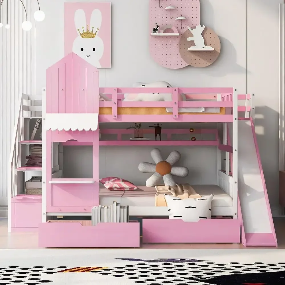 Bunk Bed With Stairs And Slide - เตียงสองชั้นสำหรับเด็ก พร้อมบันได สไลเดอร์ และลิ้นชักเก็บของ ดีไซน์แบบปราสาท เหมาะสำหรับเด็กผู้หญิงและเด็กผู้ชาย