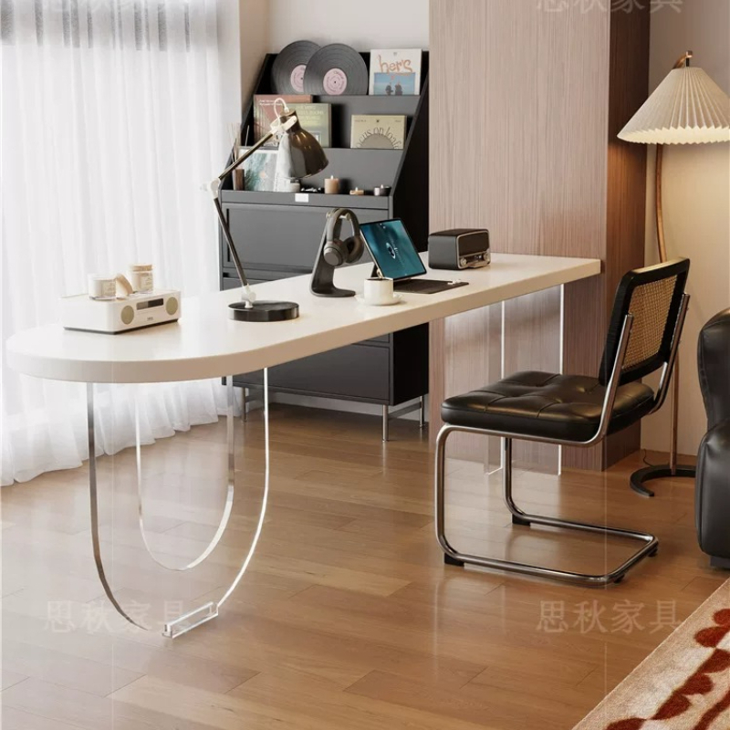 Bedroom Furniture - โต๊ะทำงานไม้เนื้อแข็งสีขาวสไตล์อิตาลี โต๊ะคอมพิวเตอร์อะคริลิกรูปวงรีดีไซน์สร้างสรรค์สไตล์นอร์ดิก เฟอร์นิเจอร์ห้องนอนสำหรับการเรียนรู้และทำงาน FYFD