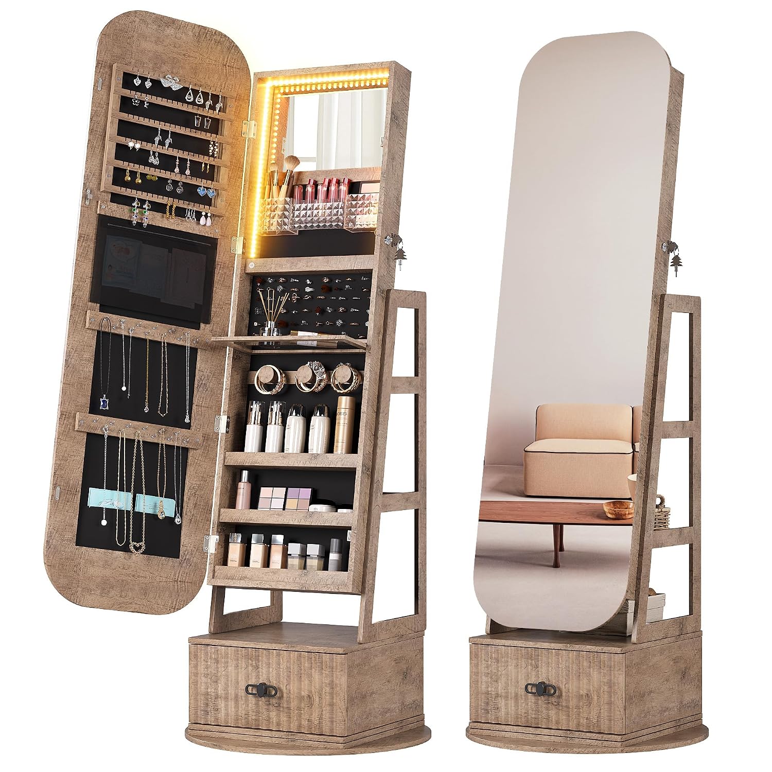 Full Length Mirror Jewelry Armoire - ตู้เก็บเครื่องประดับแบบหมุนได้ 360 องศา พร้อมกระจกเต็มตัว
