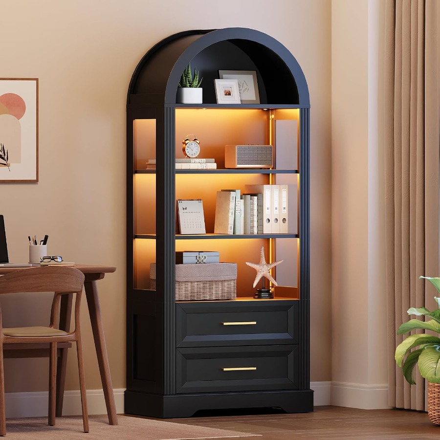 Storage - ตู้โชว์, ตู้หนังสือทรงสูงโค้งพร้อมลิ้นชักเก็บของ 2 ช่อง, ตู้โชว์ไม้สไตล์ฟาร์มเฮาส์พร้อมไฟ, ตู้หนังสือแบบเปิดโล่ง