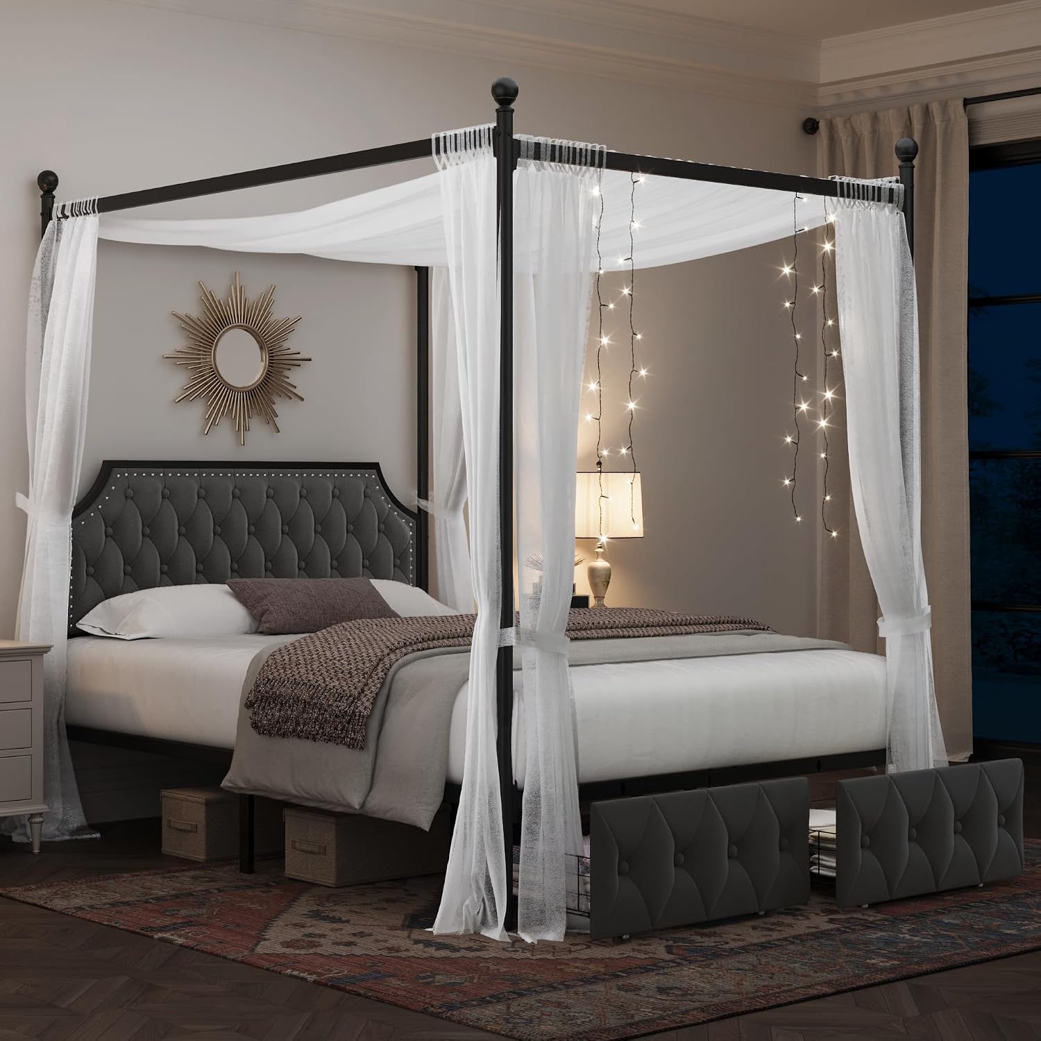 Canopy Bed Frame Metal Queen - โครงเตียงควีนไซส์พร้อมลิ้นชักเก็บของและหัวเตียงบุผ้ากำมะหยี่, โครงเตียงโลหะ 4 เสา, เตียงกำมะหยี่, สีเทาเข้ม,