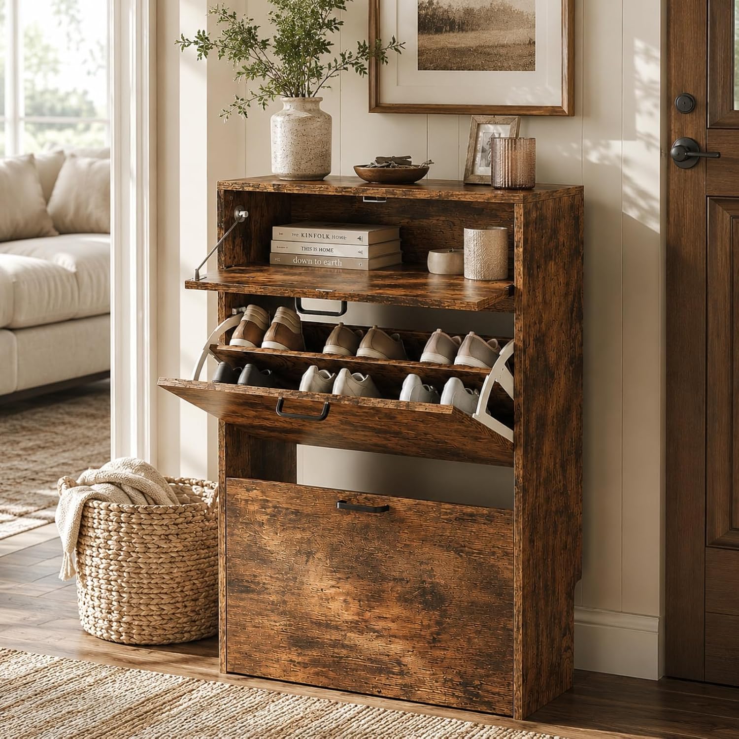 Shoe Rack Cabinet Narrow Entryway - # ตู้เก็บรองเท้าทรงเพรียวบางพร้อมลิ้นชักแบบพลิก 2 ช่อง และแบบดรอปดาวน์ 1