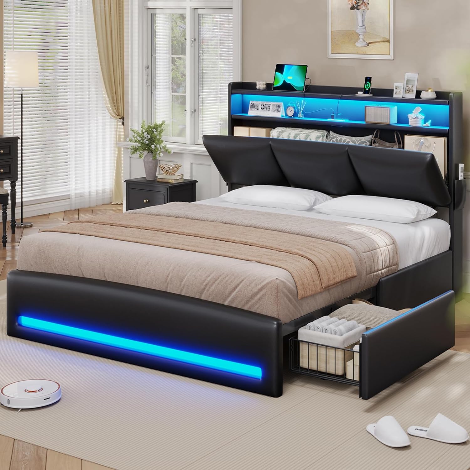 Canopy Bed Frame Metal Queen - โครงเตียงควีนไซส์พร้อมหัวเตียงที่มีที่เก็บของและสถานีชาร์จไฟ, โครงเตียงหุ้มหนังขนาดควีนไซส์พร้อม 4 ที่นั่ง, ปรับแต่งได้