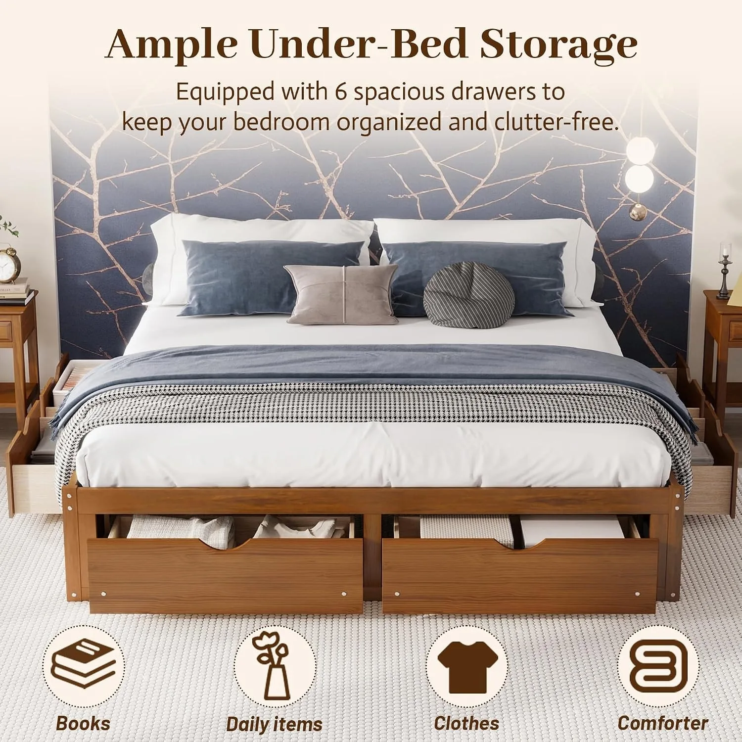 King Size Bed Frame With Storage Drawers - โครงเตียงไม้สนสไตล์มินิมอล พร้อมลิ้นชักเก็บของ 6 ช่อง รับน้ำหนักได้ 500