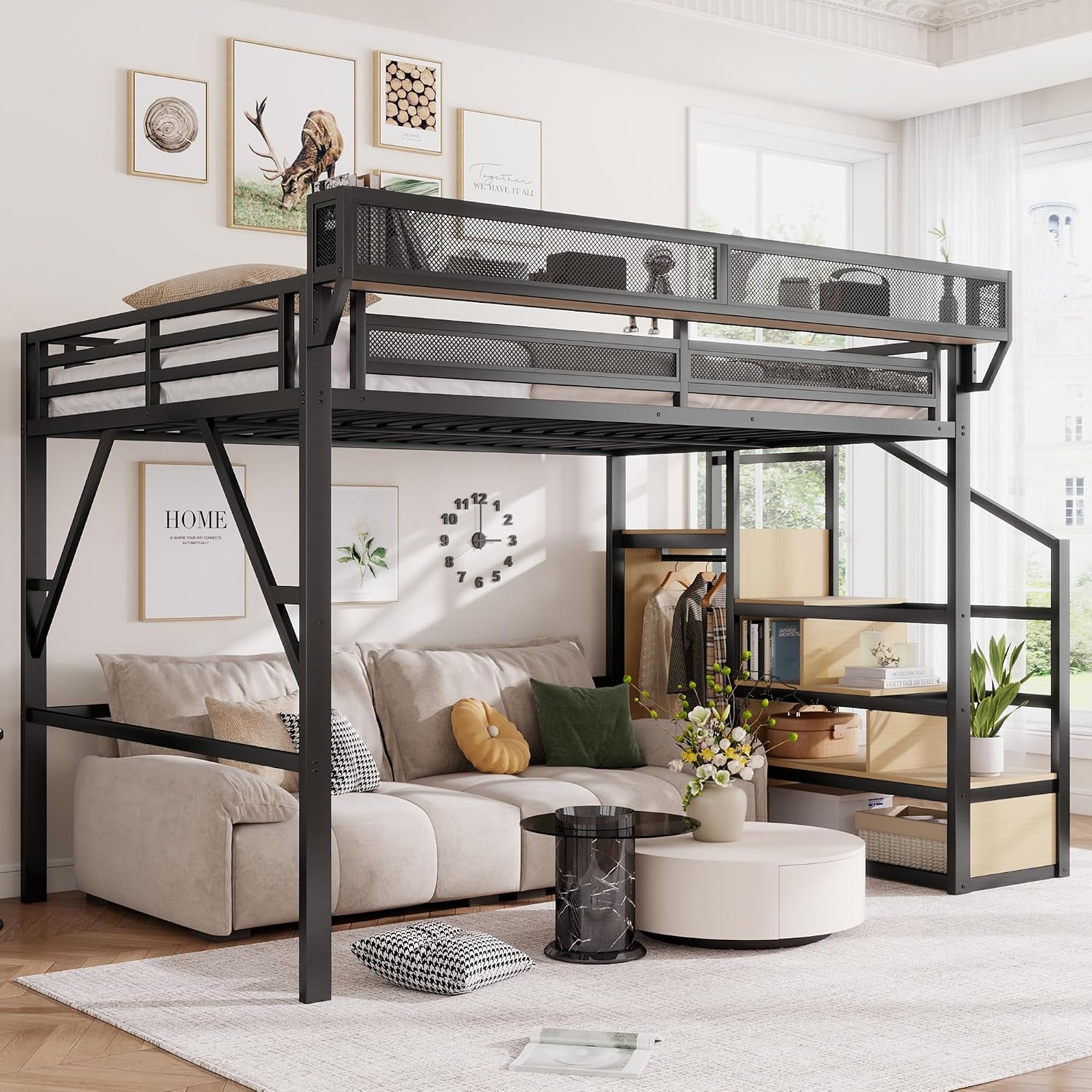 Canopy Bed Frame Metal Queen - เตียงลอฟท์ขนาดควีนไซส์พร้อมบันไดและที่เก็บของ, โครงเตียงลอฟท์โลหะพร้อมชั้นวางข้างเตียงและพื้นที่ใต้เตียงขนาดใหญ่, ปรับแต่งได้