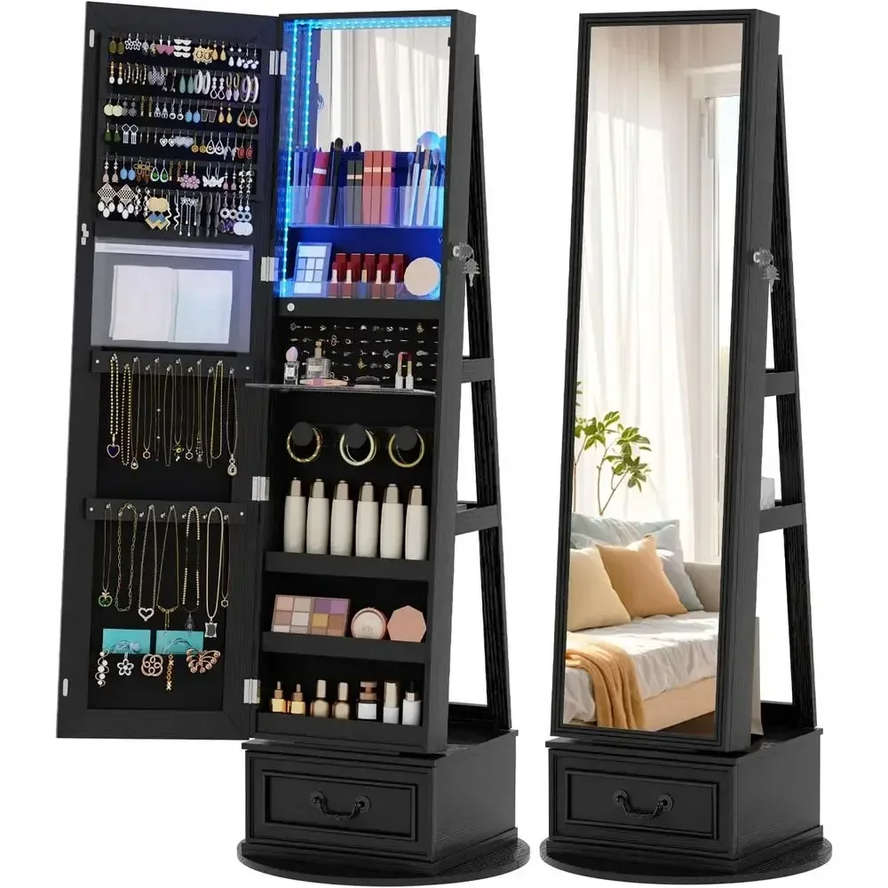 Full Length Mirror Jewelry Armoire - 360 ° ตู้เก็บเครื่องประดับแบบหมุนได้ ล็อคได้ พร้อมกระจกเต็มตัว ไฟ
