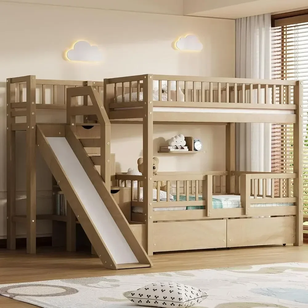 Bunk Bed With Stairs And Slide - เตียงสองชั้นไม้แบบ Twin Over Twin พร้อมสไลเดอร์และบันไดเก็บของ เหมาะสำหรับเด็กและวัยรุ่น