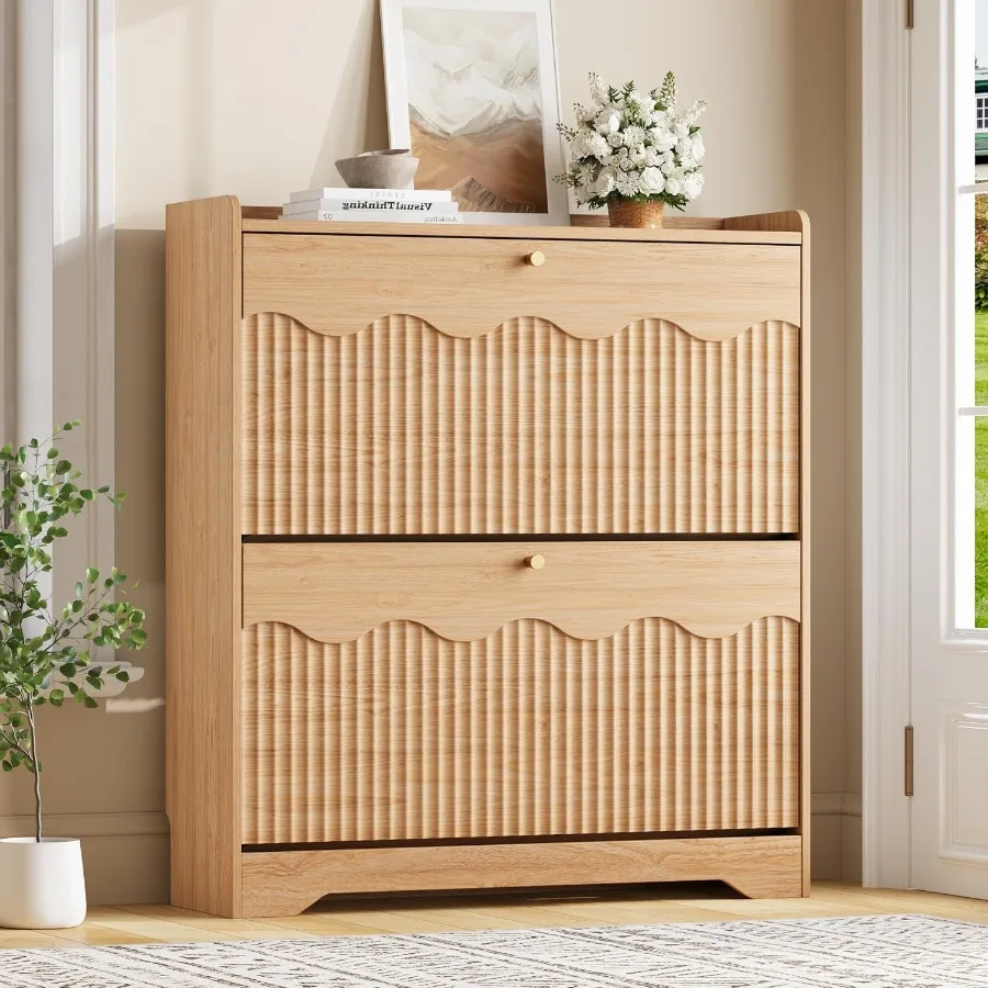 Shoe Rack Cabinet Narrow Entryway - ตู้เก็บรองเท้าดีไซน์ทันสมัย พร้อมแผงลายคลื่น ชั้นวางรองเท้าทรงเพรียวบางสำหรับทางเข้าบ้าน ตู้เก็บของแบบตั้งพื้นทรงแคบ