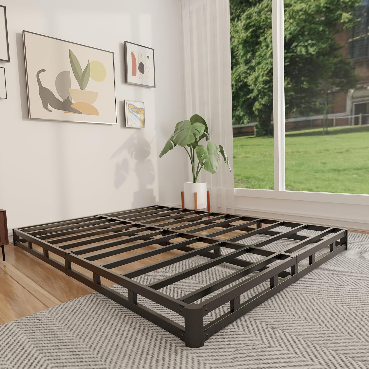 Canopy Bed Frame Metal Queen - ฐานรองที่นอนโลหะแบบเตี้ยขนาด 4 นิ้ว พร้อมผ้าคลุม รองรับน้ำหนักได้สูง โครงเตียงแบบไม้ระแนง
