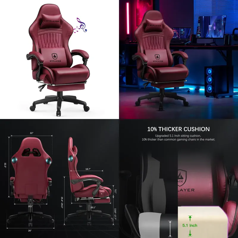 Office Furniture - เก้าอี้เกมมิ่ง GTPLAYER พร้อมลำโพง, เก้าอี้ปรับเอนได้หุ้มหนังเทียมตามหลักสรีรศาสตร์ พร้อมที่พักเท้า, เก้าอี้สำหรับคอมพิวเตอร์แบบหมุนได้