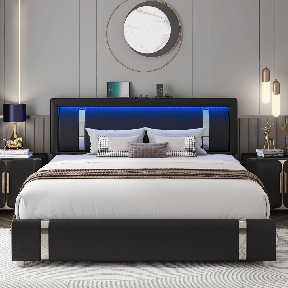 Canopy Bed Frame Metal Queen - เตียงขนาดควีนไซส์แบบโมเดิร์นหุ้มหนังเทียมพร้อมหัวเตียงไฟ LED RGB และลิ้นชักเก็บของ 2 ช่อง,