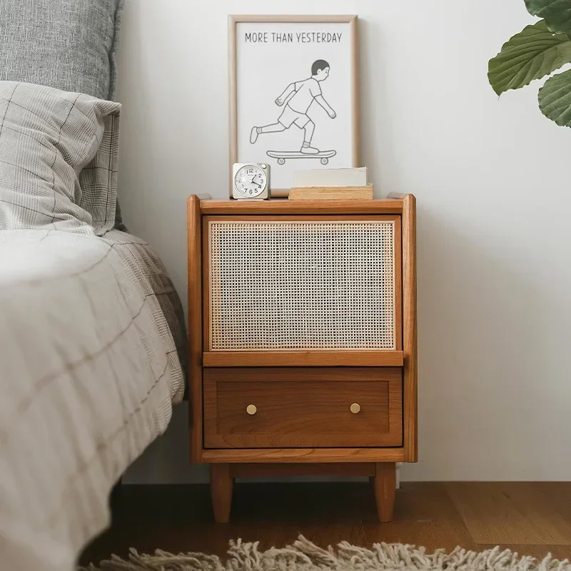 โต๊ะข้างเตียงหวายพร้อมสถานีชาร - Solid Wood Nightstand 2 Drawers บทวิจารณ์และราคา