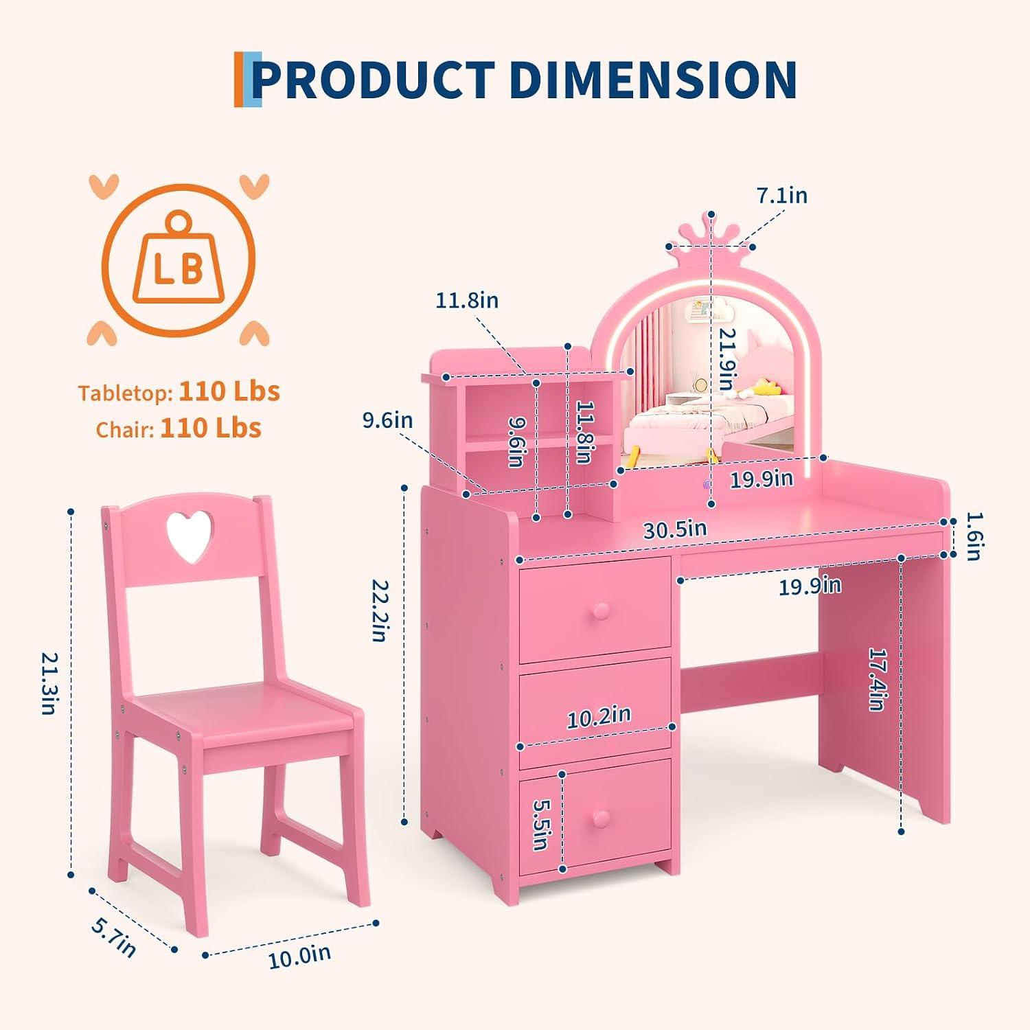 โต๊ะเครื่องแป้งสำหรับเด็ก พร้อ - Dressing Table Vanity With Lighted Mirror บทวิจารณ์และราคา