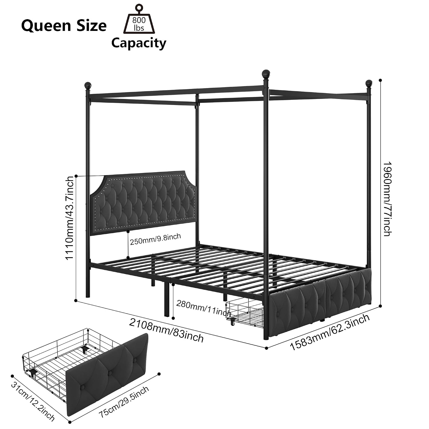 โครงเตียงควีนไซส์พร้อมลิ้นชักเ - Canopy Bed Frame Metal Queen บทวิจารณ์และราคา